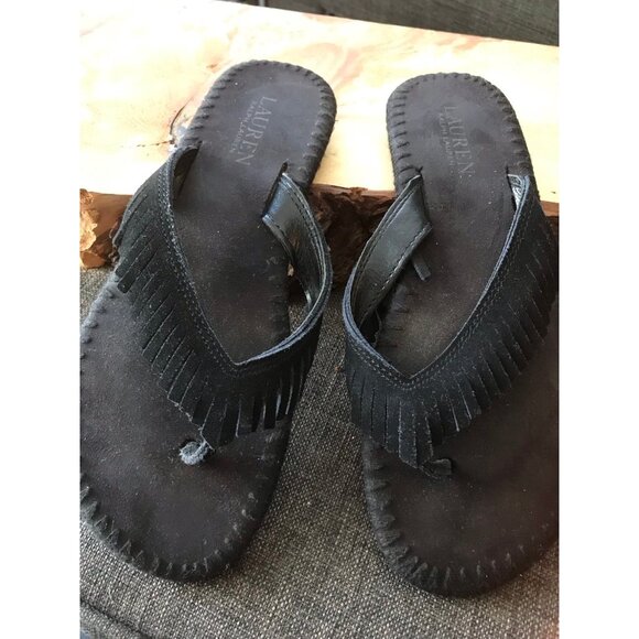 Lauren Suede Fringe Flip Flops in Black Size 7.5 - Picture 4 of 5